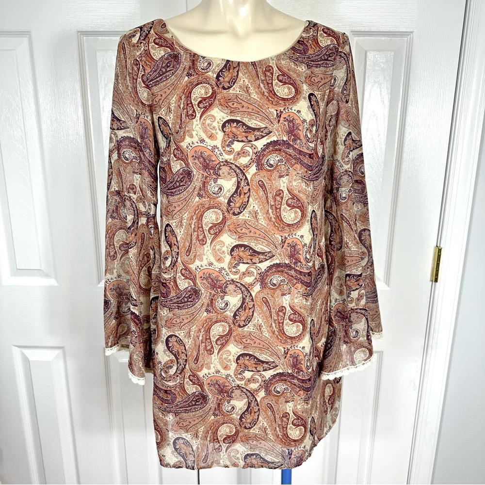 XHILARATION mini DRESS or TUNIC TOP BoHo, paisley, print long sleeve Romantic S - Picture 7 of 8